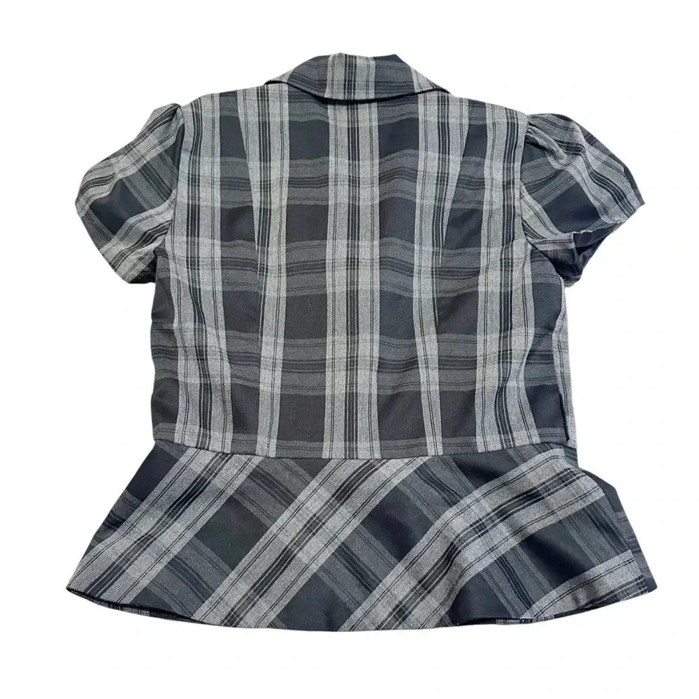 Grey plaid peplum blazer with puffy sleeves size 6 - Picture 2 of 12